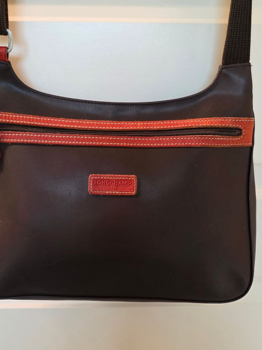 Longchamp Black Messenger Bag with Brown Trim